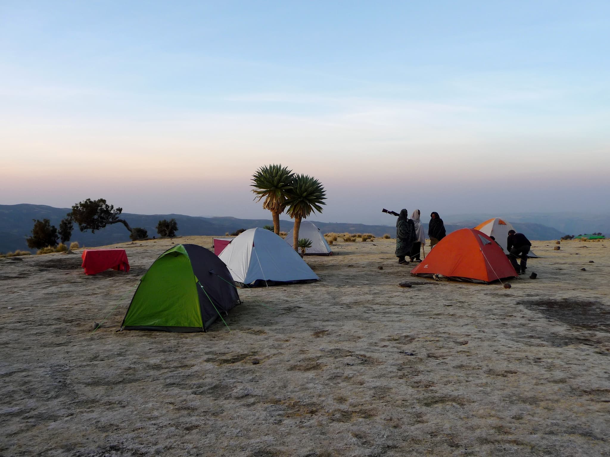 Tents on a high plateau in the Simien Mountains